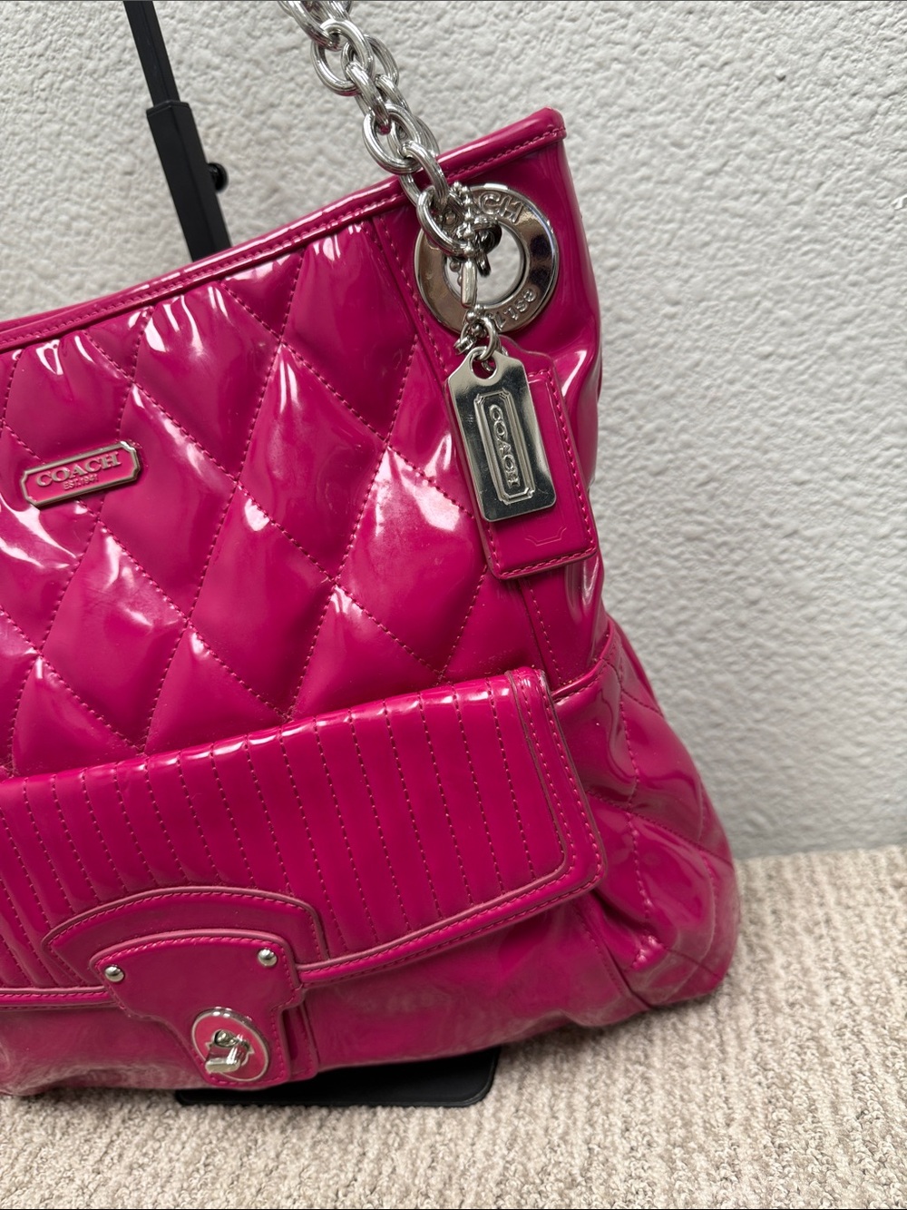 Coach Poppy Quilted Patent Shoulder Bag in Hot Pink - Picture 6 of 14